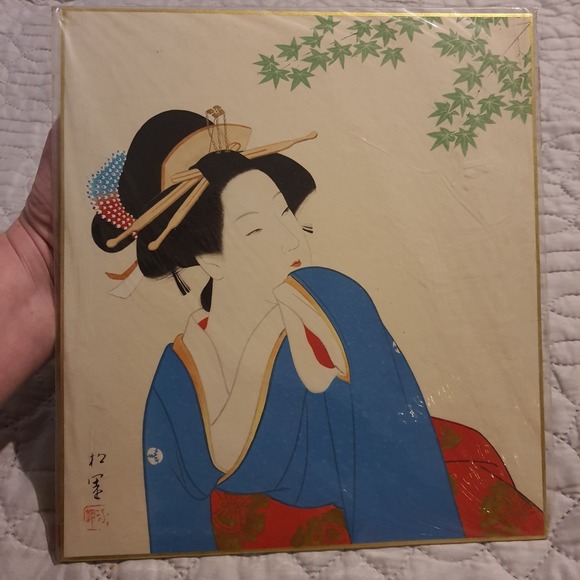 Original Japanese Geisha Painting by Kosen (古泉) – Vintage Shikishi Art Showa Era